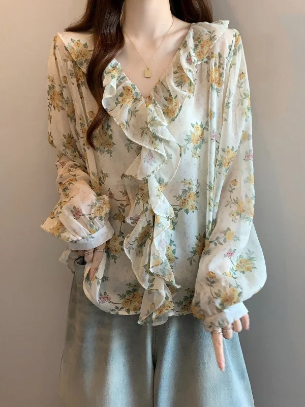 

Beautiful Large Size Women's V-Neck Pleated Hem Chiffon Shirt Korean Style Loose Fit Long Sleeve Commute Wind Summer New Arrival