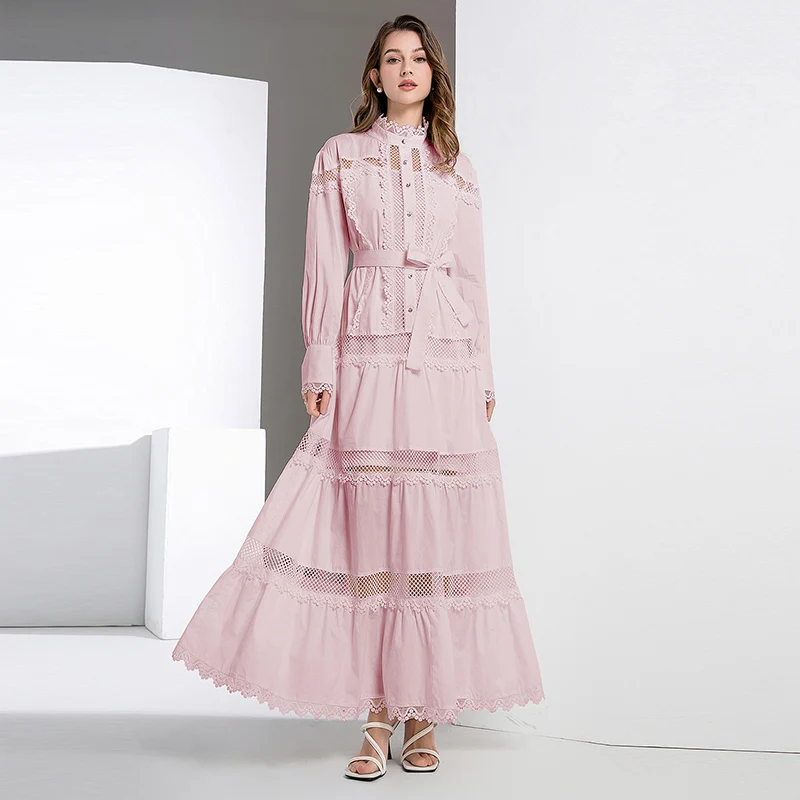 

New Spring Autumn Women Stand Collar Long Sleeve Slim Maxi Dress High Quality Elegant Lace Patchwork Big Hem Evening Dress