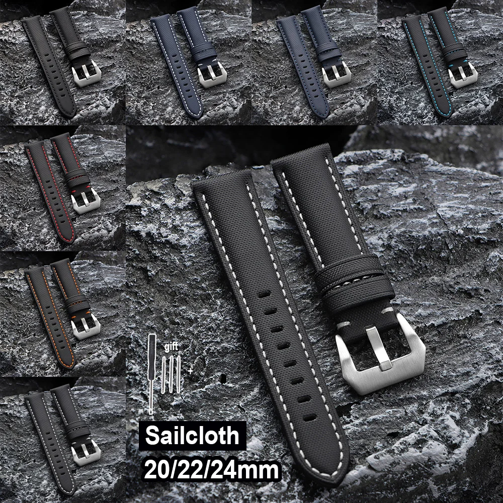 

20/22/24mm Stitching Sailcloth Nylon Watch Band Canvas Fabric&Leather Strap Men Women Black Blue Bracelet for Huawei for Panerai