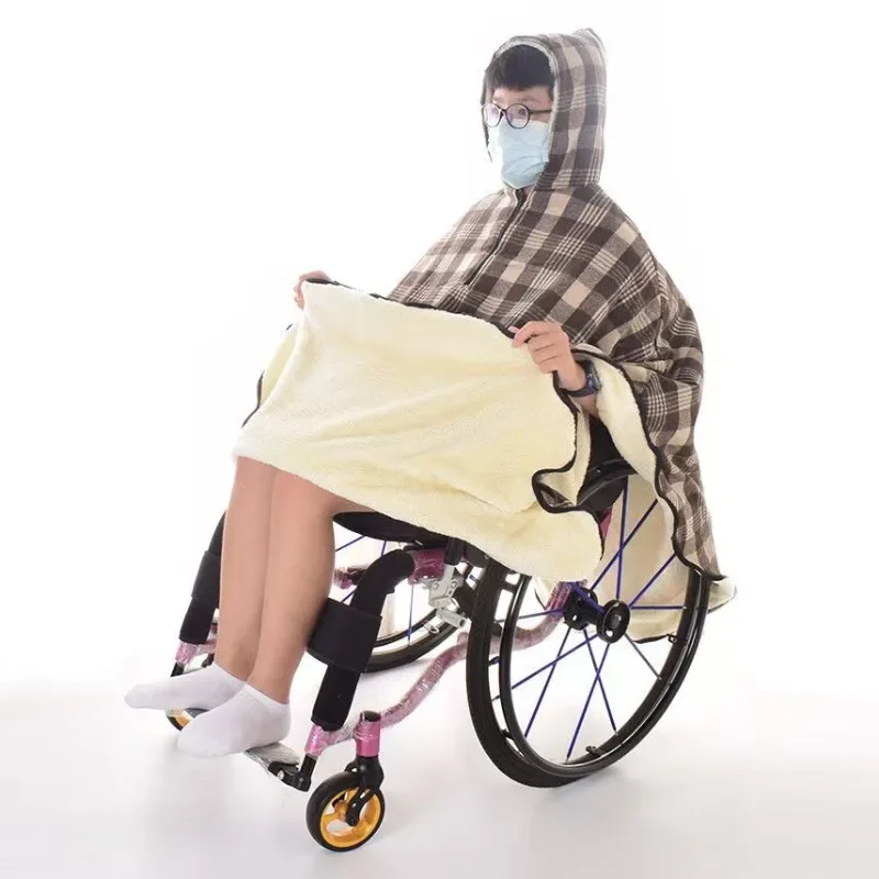 Wheelchair Half-pack Thermal Blanket Thickened Plus Size Double-layer Fabric With Hood Shoulder Waist Warmth For Elderly Care