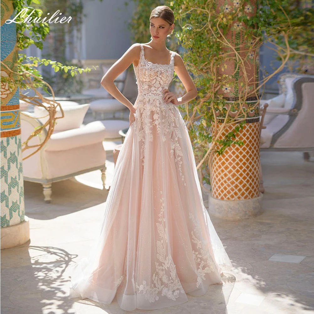 

Lhuilier Customized Women's A Line Square Neck Glitter Tulle Wedding Dresses Sleeveless Floor Length Lace Appliques Bridal Gowns