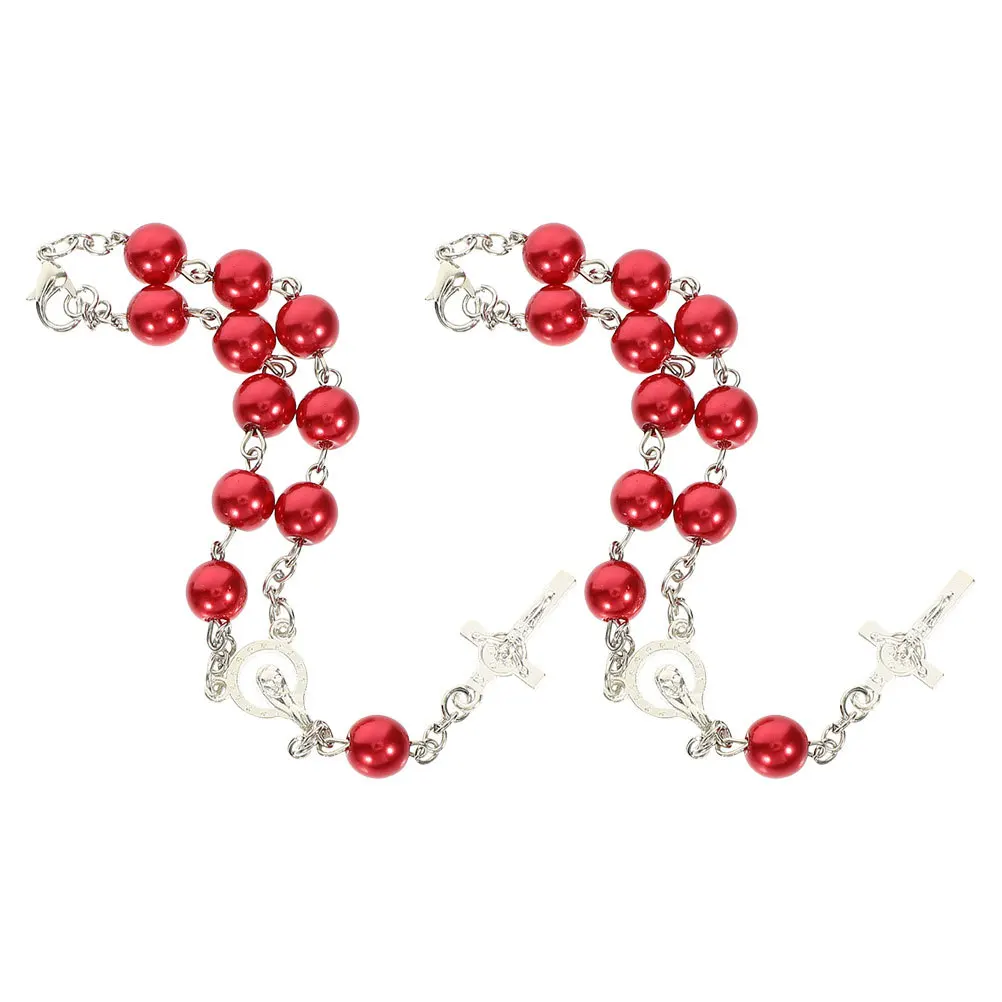 

2Pcs Auto Rosary for Rearview Mirror Car Cross Pendant Catholic Beads Hanging Accessories Women Men Rearview Mirror Auto Rosary