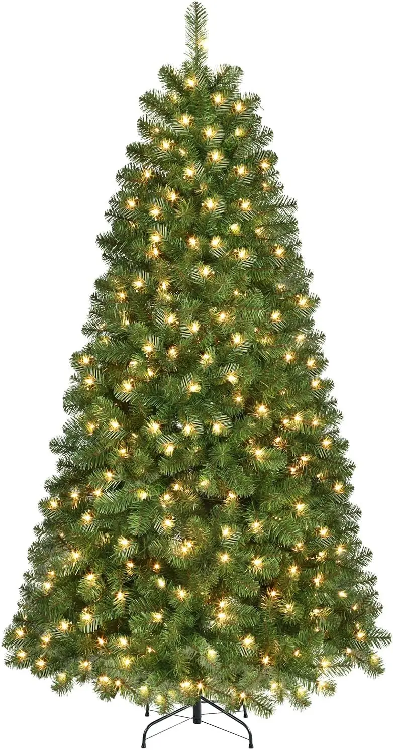 

7.5ft Prelit Premium Artificial Hinged Christmas Tree with Pre-lit 350 Warm White Lights,998 Branch Tips& Foldable Stand，Green