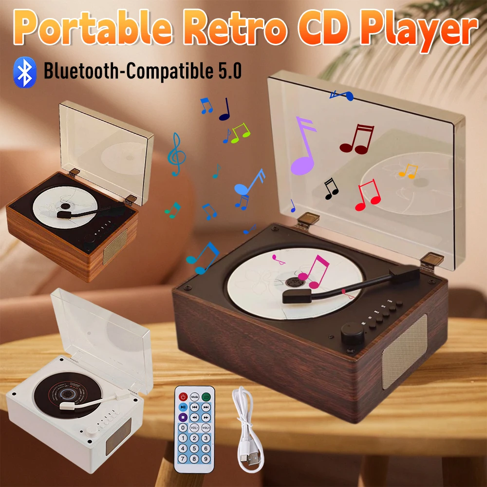 

Портативный CD-плеер в стиле ретро, перезаряжаемый беспроводной динамик Bluetooth5.0, поддержка CD USB 3,5 мм AUX, домашний настольный музыкальный плеер для телефона