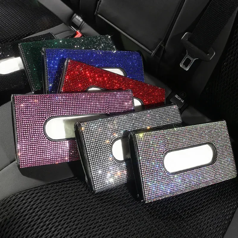 Shiny Crystal Rhinestone Leather Car Tissue Holder Clip On Car Sun Visor Hanging Napkin Case Auto Backseat Tissue Storage