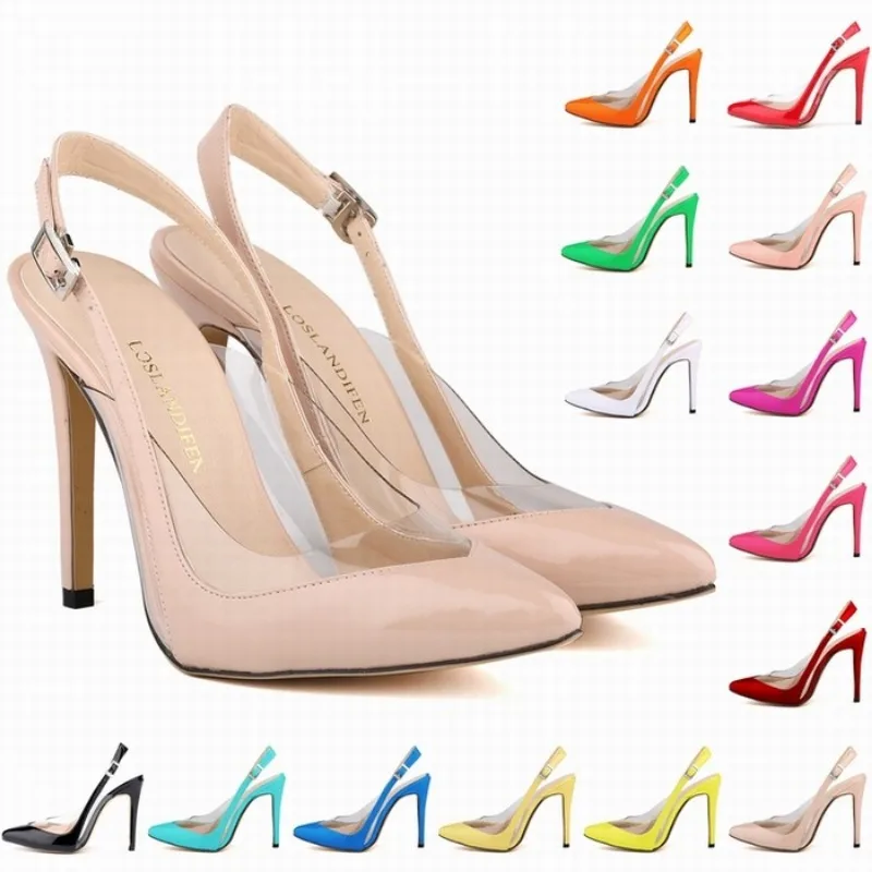 Loslandifen sandálias femininas stilettos verão tamanho grande 42 sexy transparente pvc apontou dedos fivela cinta sandália sapatos de casamento