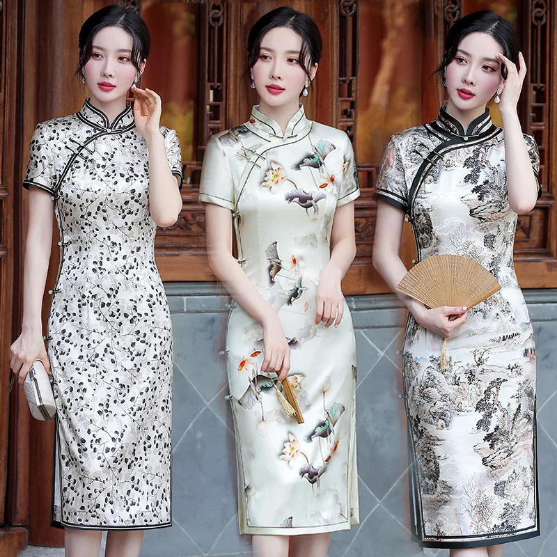 High Quality Real Silk Cheongsam Qipao Women's 2024 New Summer Daily Chinese Oblique Placket Vintage Dress