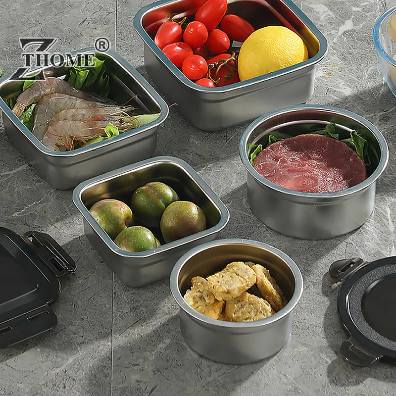 Stainless Steel Food Container Fresh Keeping Box Sealed Lid Crisper Lunch Meal Prep Storage Fridge Kitchen Set Round Square Bowl