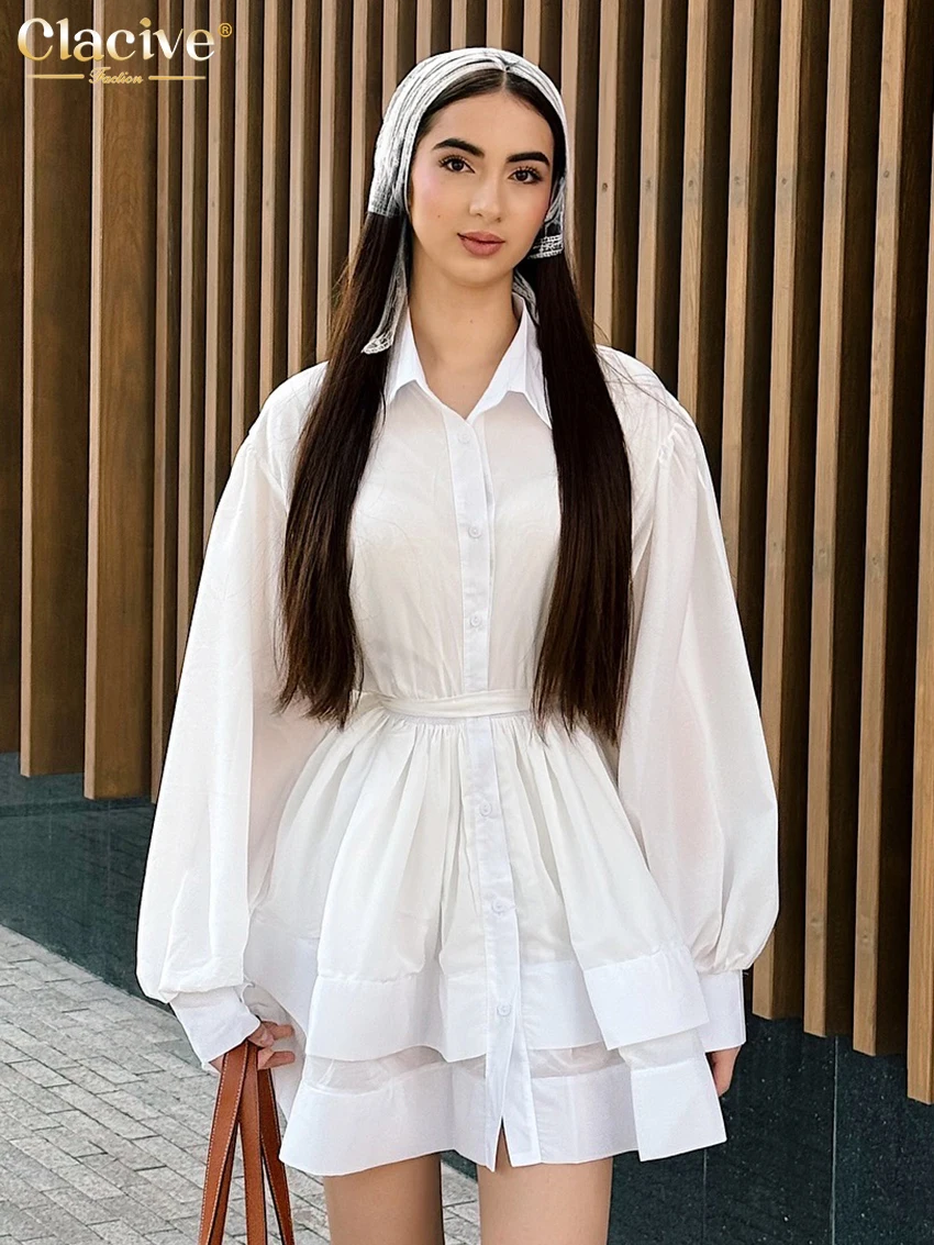 

Clacive Fashion Loose White Cotton Women's Dress 2025 Casual Lapel Long Sleeve Mini Dresses Elegant Classic Lace-Up Female Dress