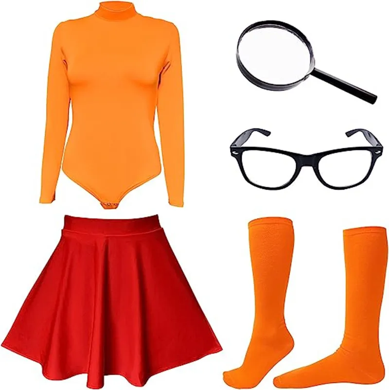 Velma Cosplay uniforme Anime donna arancione Top gonna calzini Costume di Halloween Set ragazze Velma lente d'ingrandimento, calzini e occhiali