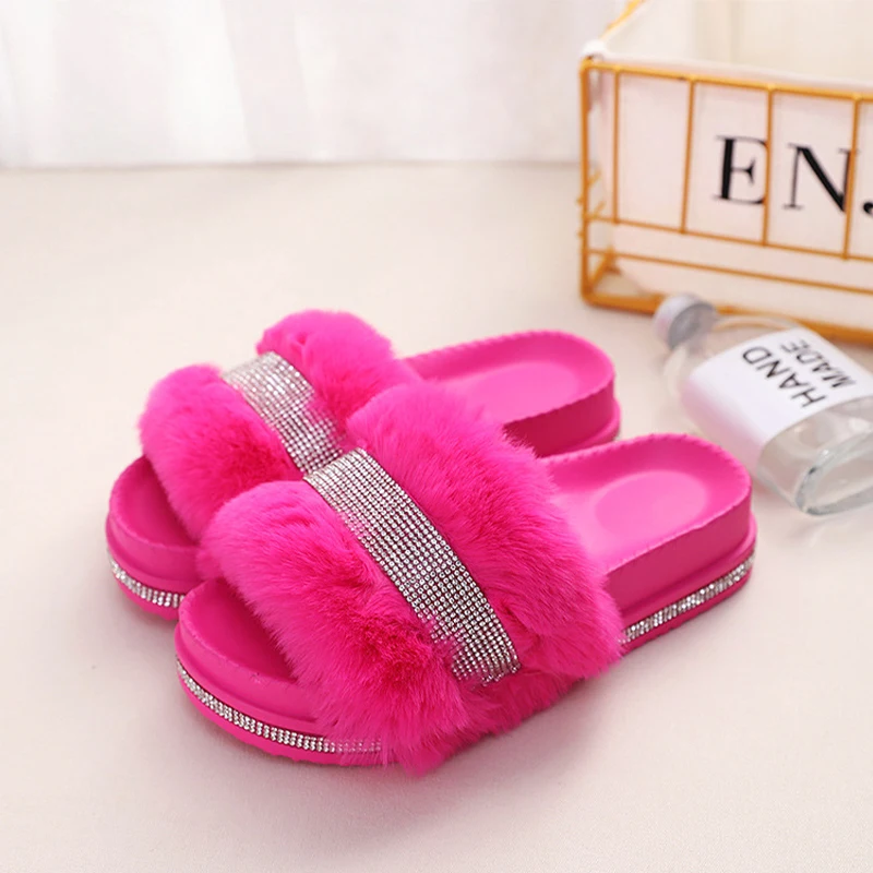 2024 Fur Bright Rhinestone Slippers Women Luxury Platform Heel Fluffy Furry Slides Outside Flip-Flop Ladies Fur Sandals