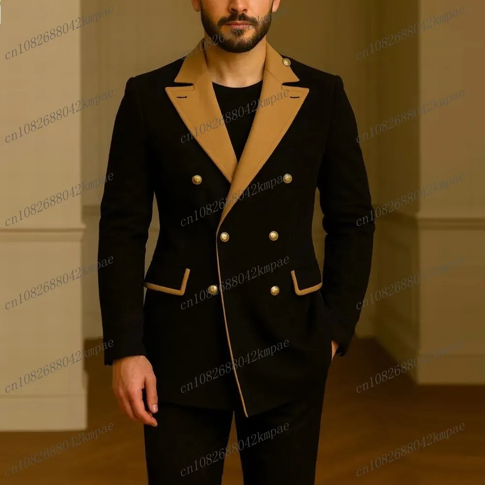 

New Gold Collar And Black Men Suit Formal Groom Groomsman Wedding Party Prom Male Business Tuxedos 2 Piece Set Blazer Pants