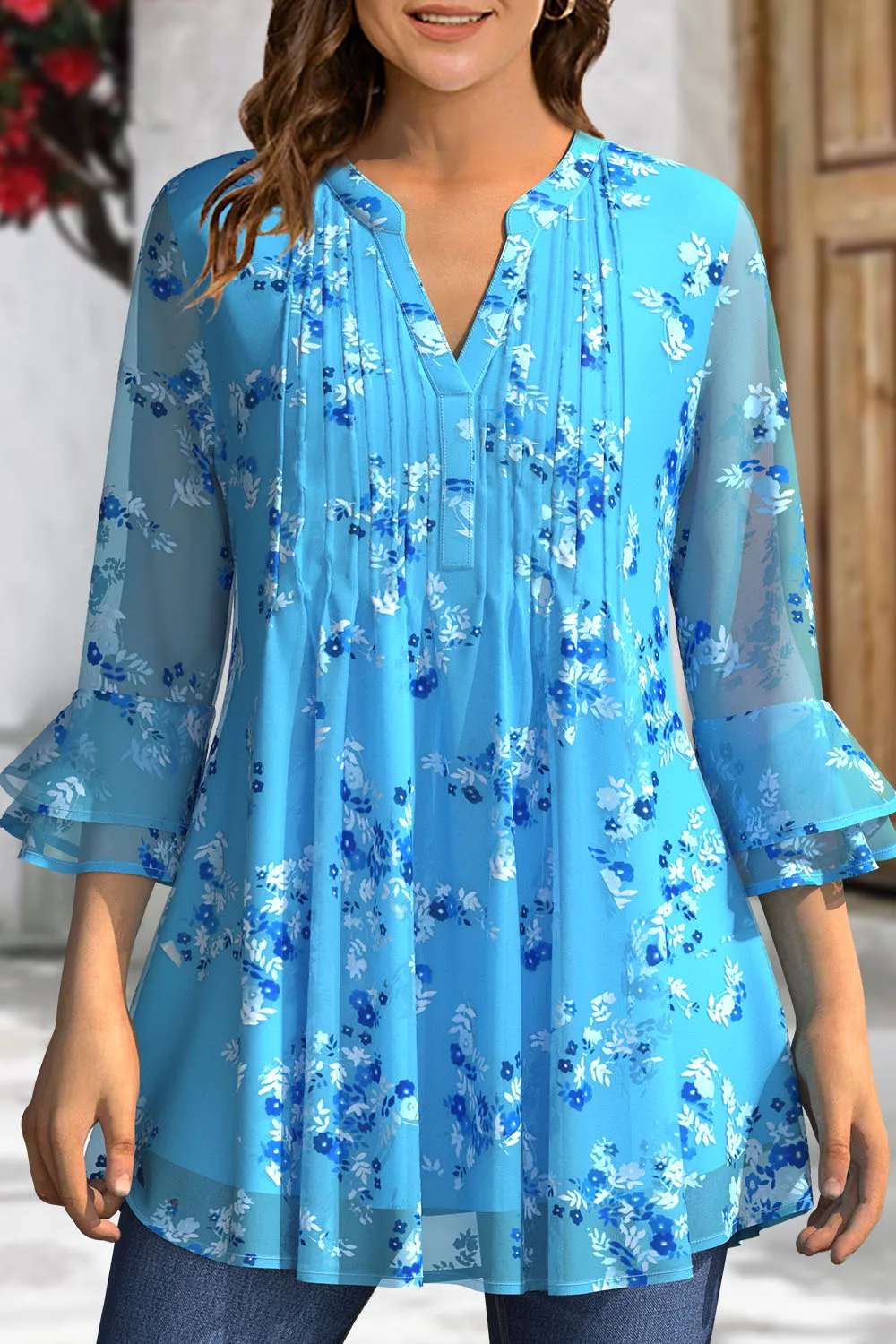 

Flycurvy Plus Size Casual Dressy Blue Chiffon Floral Print Pleated Double Layer Ruffled Cuff 3/4 Petal Sleeve Blouse V Neck Tops