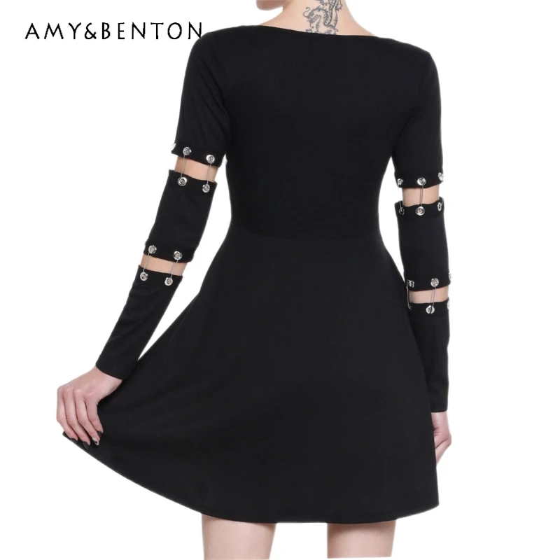 

Gothic Dark Style Metal Eyelet Women's Dress Original Design 2025 Autumn New Slimming Punk Black Sexy Hot Girl Dresses Ladies
