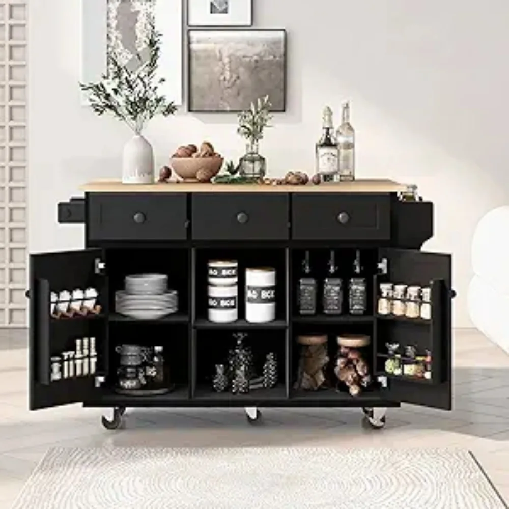 

Kitchen Island Cart with Drop-Leaf Cabinet Door Internal Storage Rack 5 Wheels 3 Drawers for Kitchen, Dining Room, Bathroom