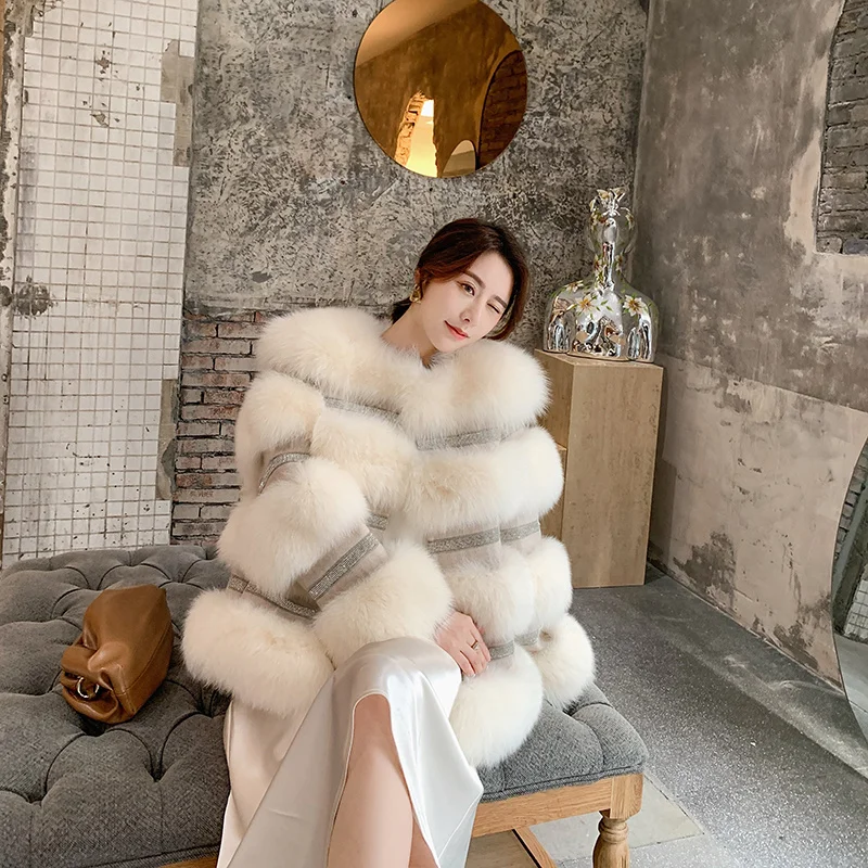 Coat Luxury 2023 Real Fur Winter Women Female Diamond Whole Natural Fox Fur Jackets for Women Mid-length Female Fur Streetwear