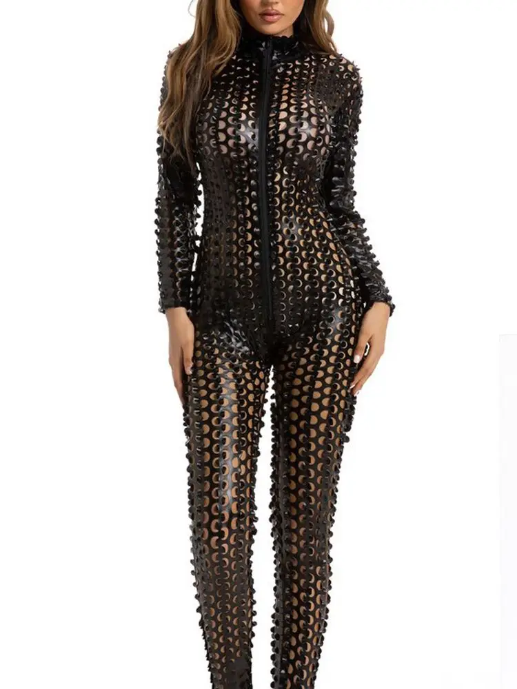 

S-3XL Wet Look Hollow Out Hole Catsuit Long Sleeve Shiny Faux PU Leather Zipper Open Crotch Bodysuit Tight Sexy Leotard Jumpsuit