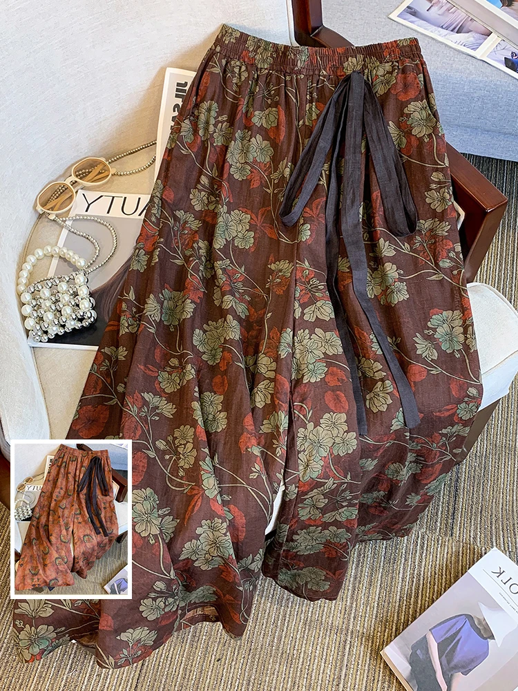 

Retro Print Wide Leg Pants Elastic Waist Casual Slimming Nine Point Summer Trousers for plus Size Women with Sa Design