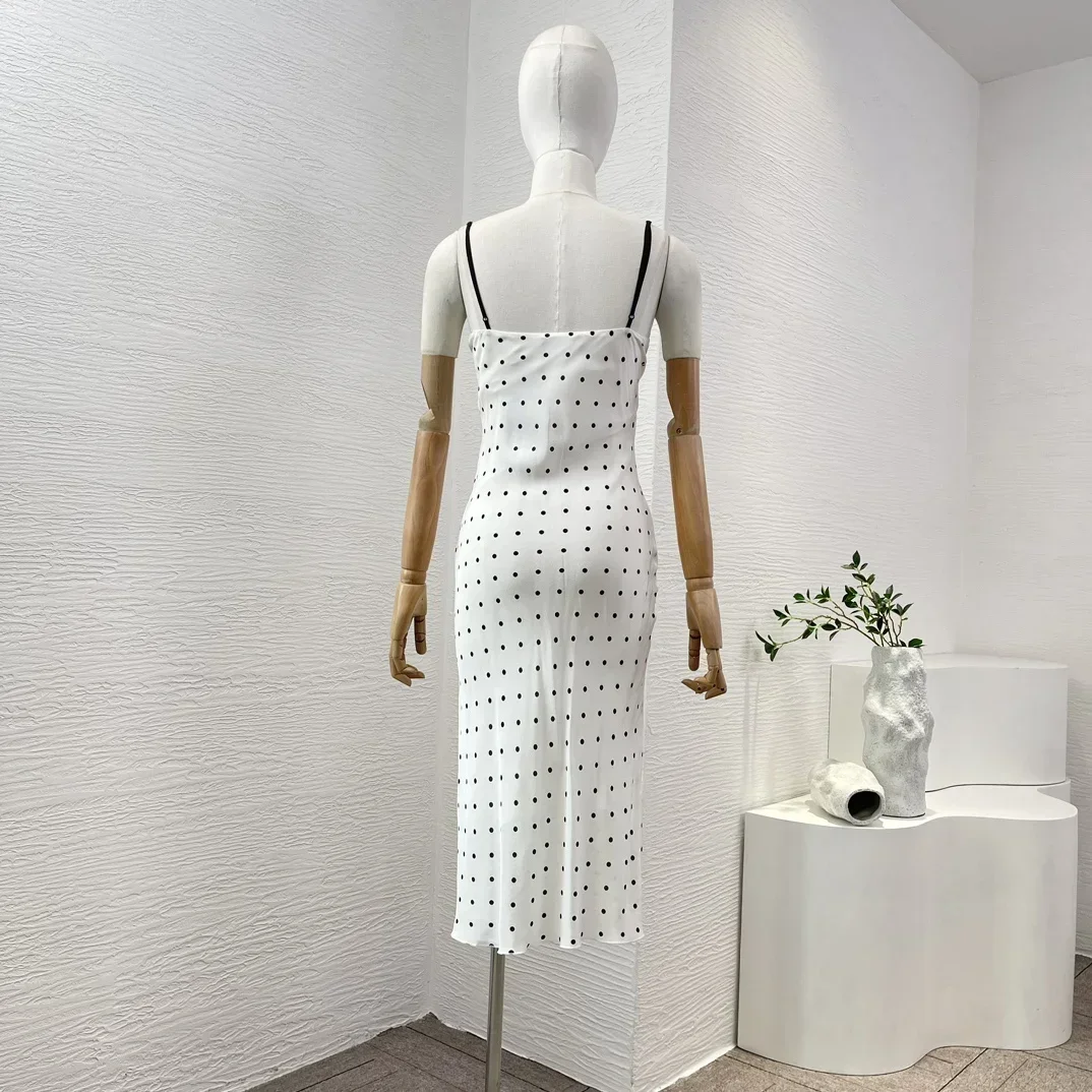 Summer 2024 New Lady Camisole White Black Silk Polka Dots Print Heart Shaped Collar Sling Sleeveless Women Midi Dress