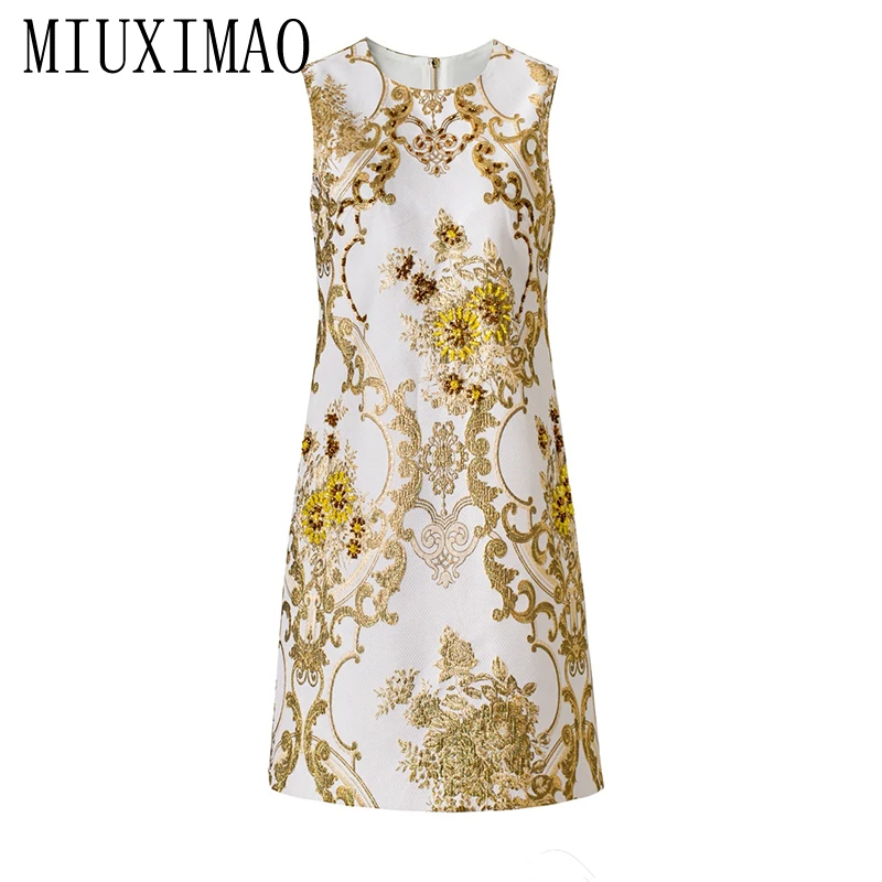 MIUXIMAO 2026 Slim Spring Summer Dress Golden Flower Leaf Jacquard A-Line Mini Short Diamonds Dress Women's Vestido Fashion
