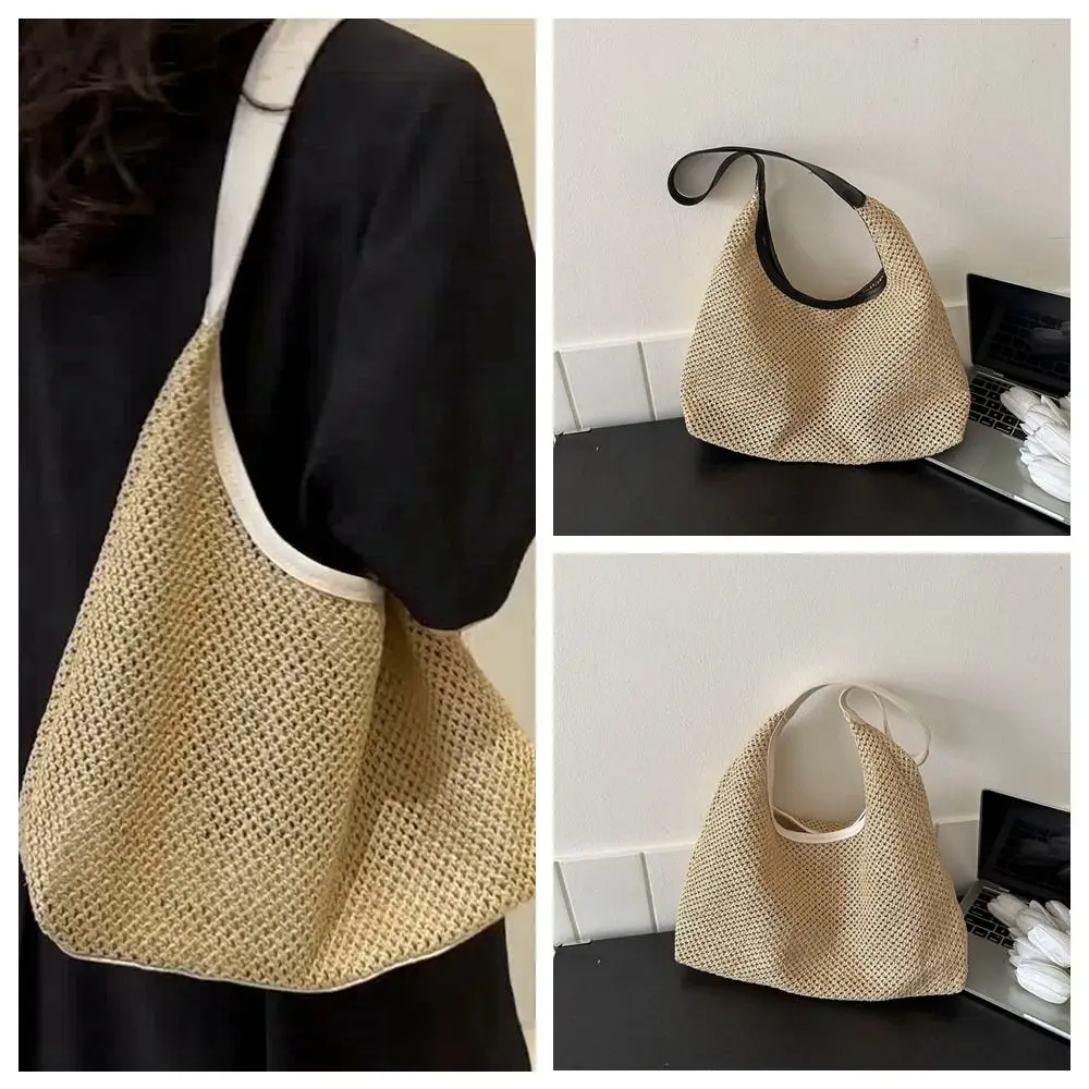 Bolso de paja tejido hecho a mano, bolsa de mano de estilo bohemio, de rafia, de gran capacidad, para playa y viaje