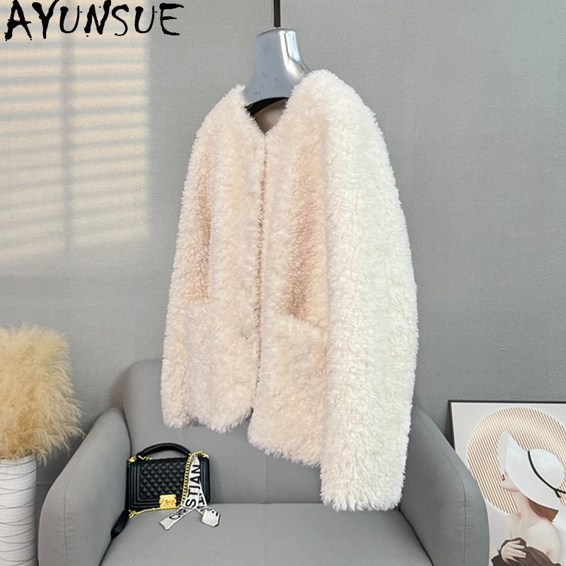 AYUNSUEขนสัตว์ธรรมชาติ 100% ผู้หญิงเสื้อรอบคอLamb Fur Jacketเสื้อผ้าผู้หญิงคุณภาพสูงOuterwears 2025 Ropa Para Mujer