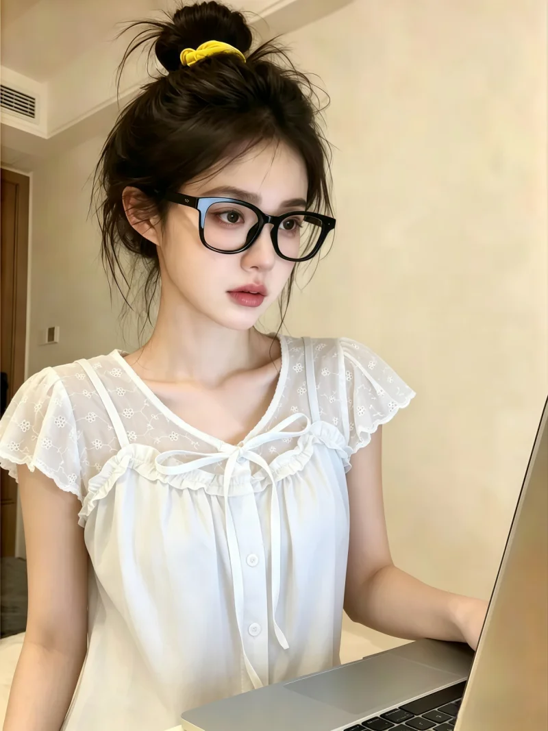 

Thin Hollow Knot Short Sleeve Shirt Women's Summer Style Self-Preserved Two-Piece Look Korean Straight Cut Si...
