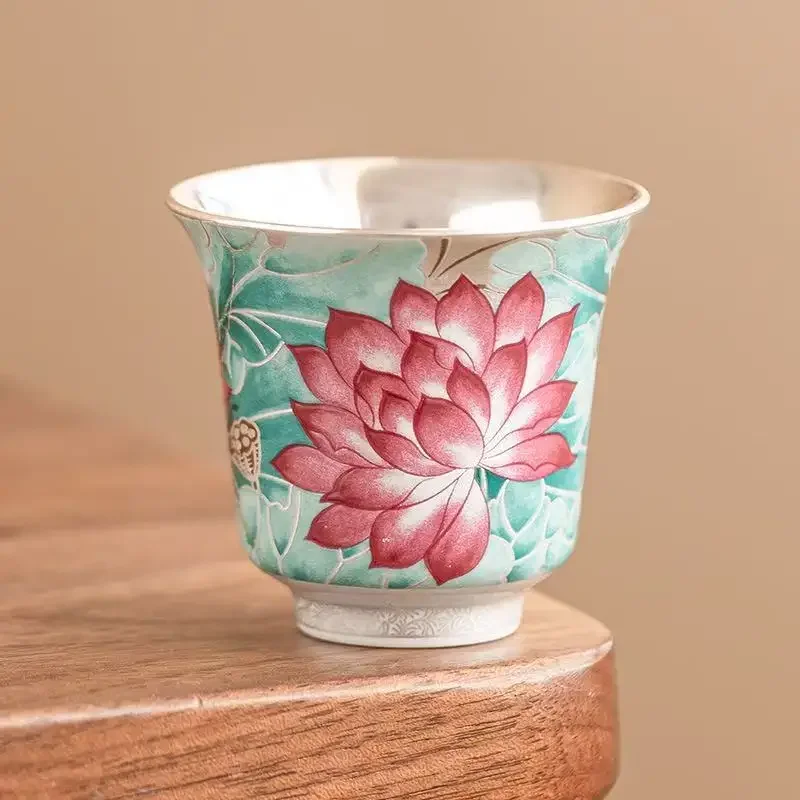 Lotus Pond Moonlight Ceramic Teacup Chinese Light Luxury Handmade Painted 999 Silver TeaSet Special Master Cup for Drinking Tea