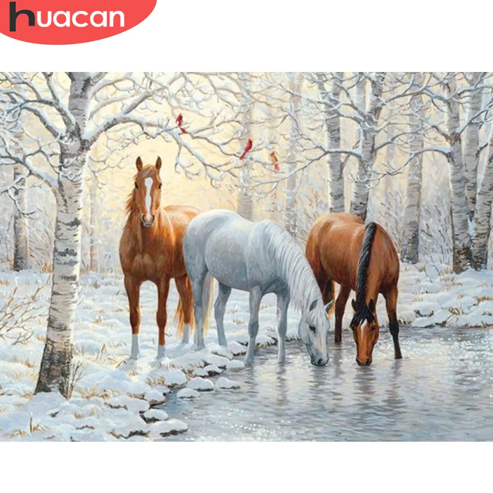 HUACAN inverno pittura diamante cavallo pieno quadrato rotondo mosaico animale ricamo Kit completo immagine di strass decorazione della parete