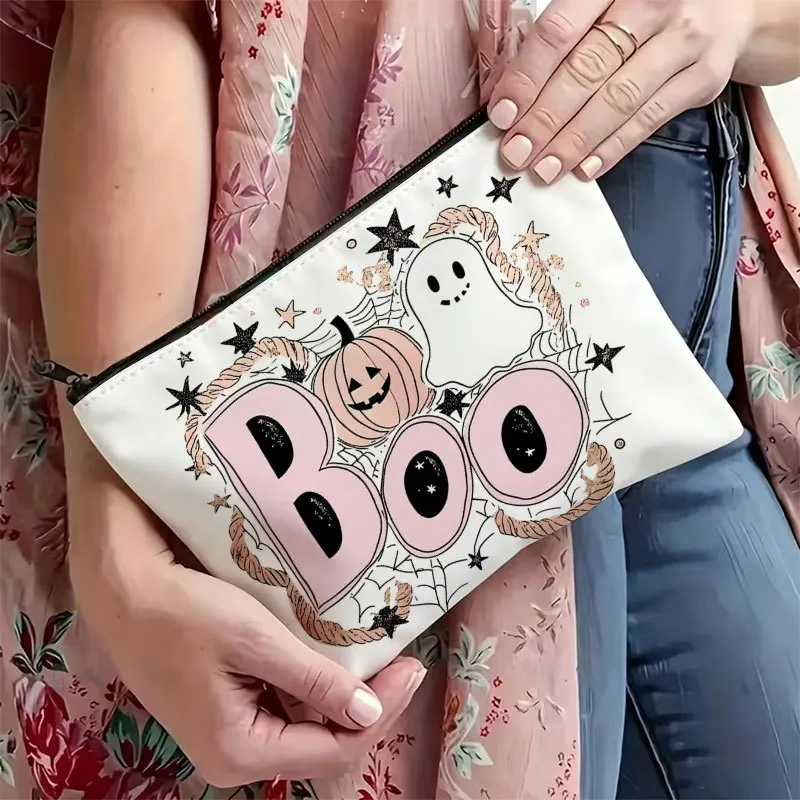 Pink Boo Ghost Pumpkin Halloween Cosmetic Bag Cute Cartoon Print Zipper Makeup Pouch Large Capacity Travel Toiletry Storage Bag