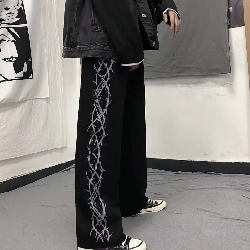 Versione coreana della tendenza di high street retro thorn print Harajuku pantaloni larghi a gamba dritta larghi pantaloni casual