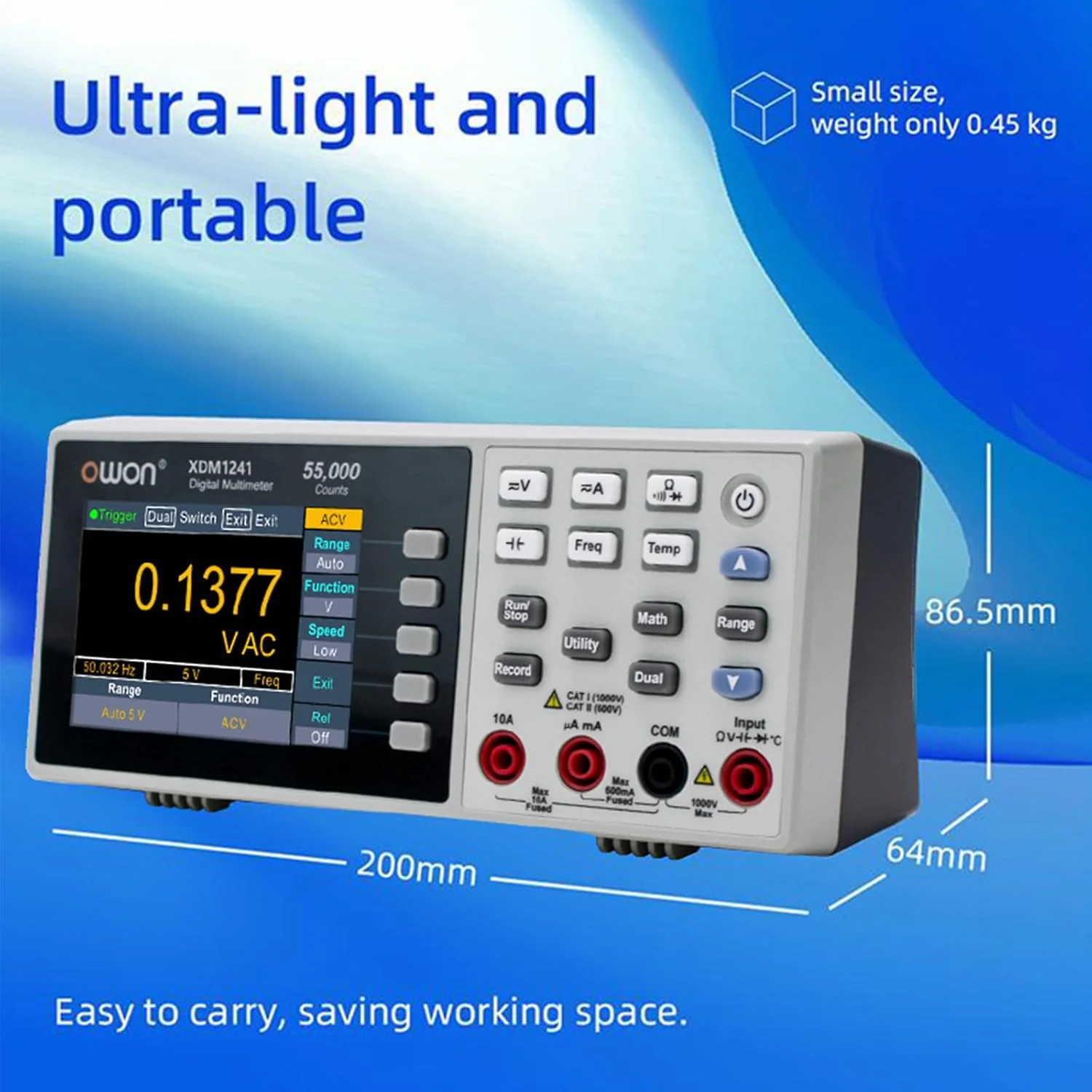 Multímetro Digital OWON XDM1241 de Voltaje CA/CC, 4.5 Dígitos, 55000 Lecturas, True RMS, Temperatura, Resistencia, Batería Integrada