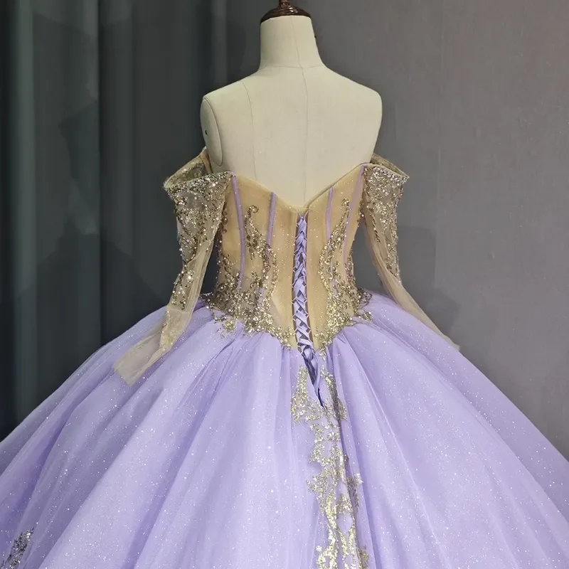 ประณีต Lilac vestido de princesas Gloden Appliquéd คริสตัลบอลชุด Vestidos 15 De Quinceanera หวาน 16 ชุดที่กําหนดเอง