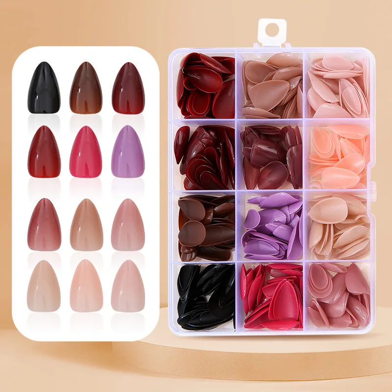 288pcs/box Pure Color Press on Nails 12 Colors Glossy Almond False Nails Wearable Detachable Manicure DIY Fake Nail Tips