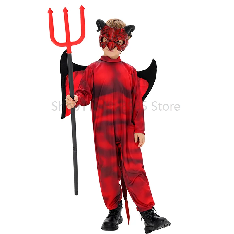 

Boy Scary Red Muscle Evil Devil Jumpsuit With Mask Wings Set Performance Fancy Dress Up Children Demon Costume