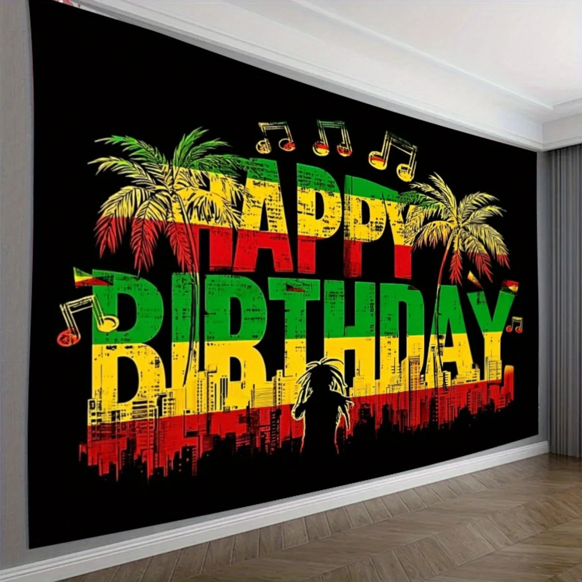 1pc Large 2D Print Rasta Reggae Birthday Tapestry, Polyester Wall Hanging with Palm Tree & Music Notes,  Cool Bedroom Living Roo