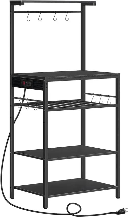 

Kitchen Bakers Rack with Power Outlet 5-Tier Coffee Bar with Adjustable Wine Rack Microwave Stand with 10 S-Shaped Hooks