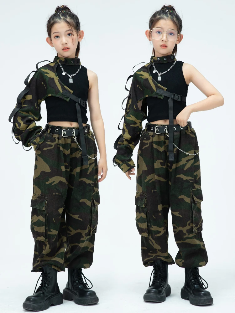 Modern Jazz Dance Costume Girls Camouflage Sleeves Pants Hip Hop Performance Outfit Kids Concert Stage Clothes Rave Wear BL10051