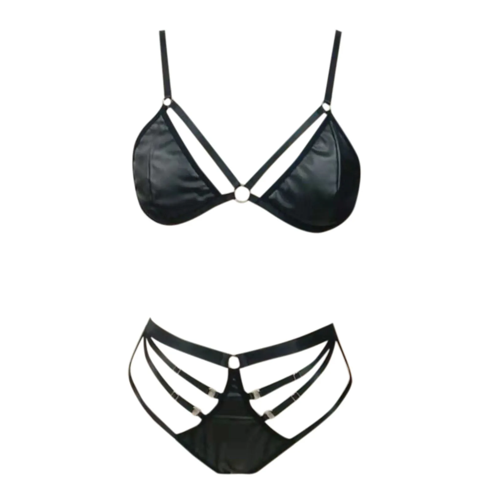 Leather Sexy Lingerie Black Two Pieces Exotic Sets Women Leather Push Up Bra Thongs Lingerie Underwear Lenceria Erotic Costumes