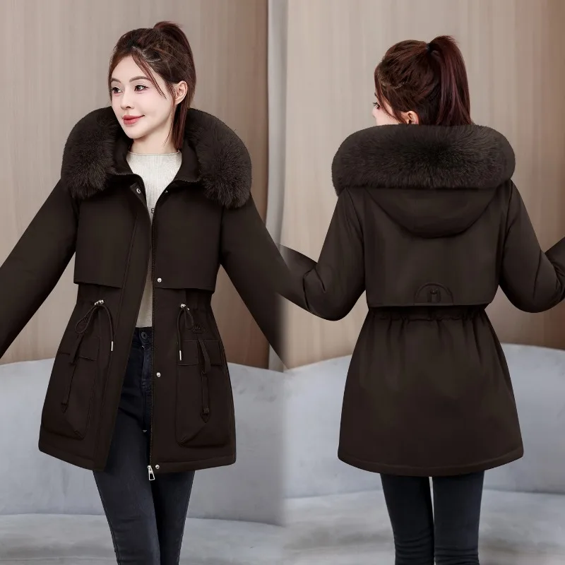 Women Hooded Parka with Large Faux Fur Collar Autumn Winter Drawstring Waist Mid-length Thick Windproof Warm Padded Coat