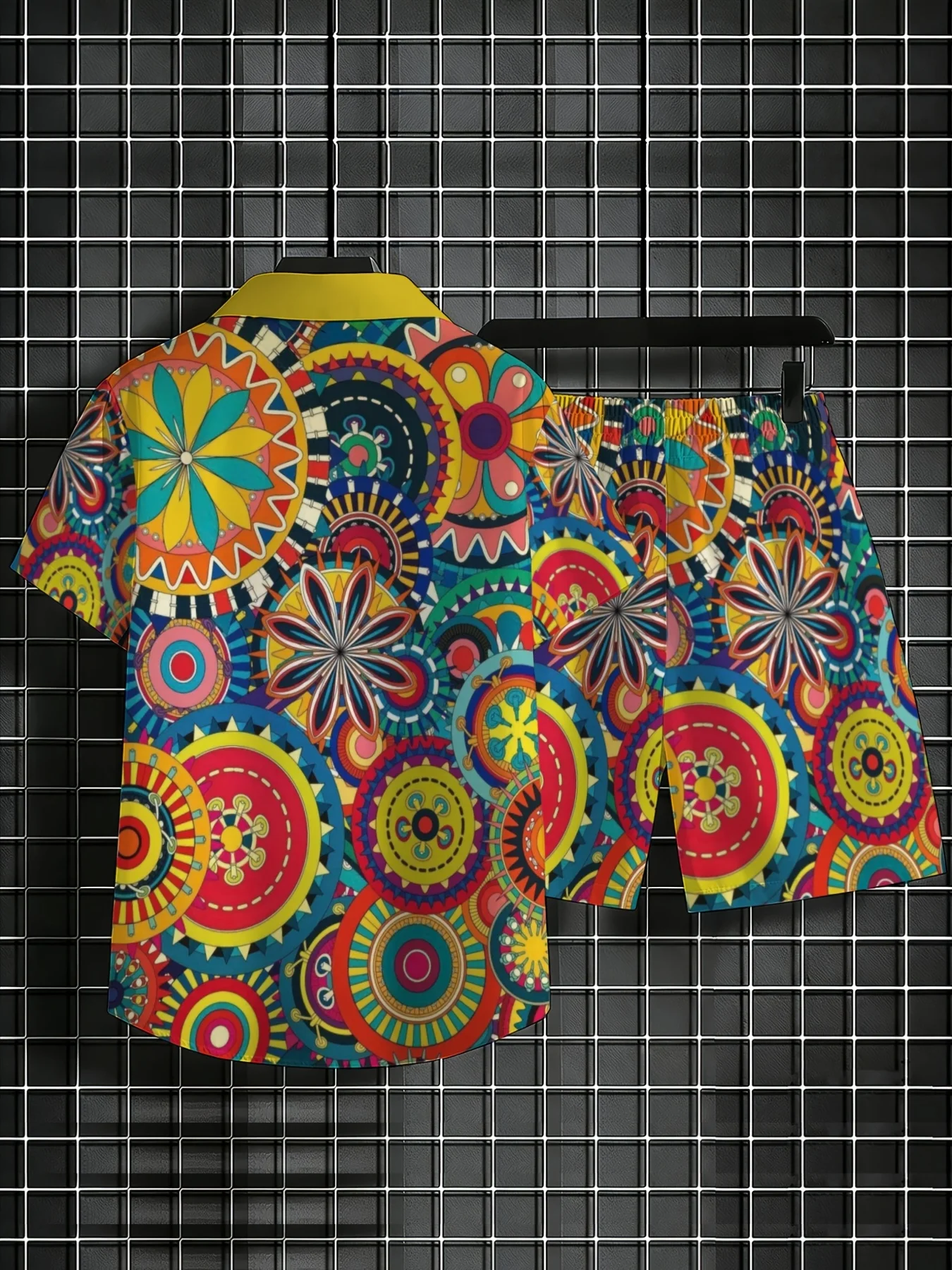 Colorful Boho Pattern Mens Matching Set Lapel Button Shirt Elastic Waist Shorts Summer Vacation Outfit view 2
