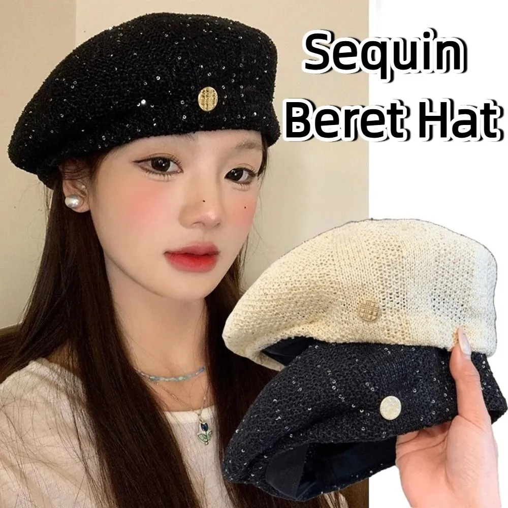 

Brimless Cap Breathable Sequin Beret Hat Paillette Hollowed Out Weave Hat Fashionable Vintage Crochet Knitted Cap Spring