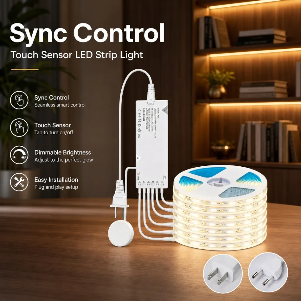 Bande LED COB à commande tactile, éclairage de meuble synchronisé avec alimentation EU/US pour cuisine, garde-manger, vitrine, placard, chambre à coucher