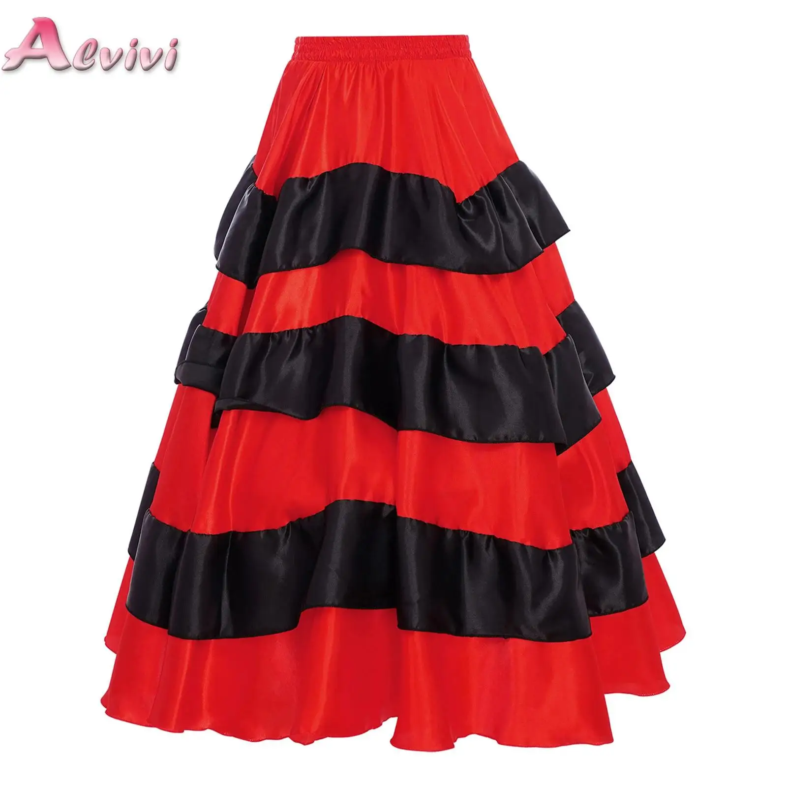 

Red Black Kids Girls Satin Skirt Tiered Ruffles Wide Hemline Gypsy Spanish Flamenco Ballroom Dance Stage Performance Costume