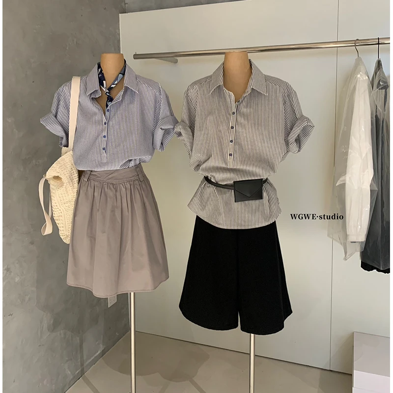 

Korean Sle Stripe Design irt Versatile Layering Faionable Small ence Hong Kong Sle Women's Button up ort Sve...