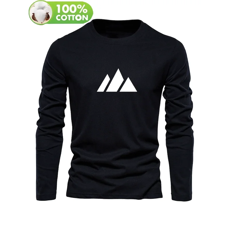 Men Crew Neck Long Sleeve T-shirt Mountain Graphic Print Slim Fit Casual Basic Cotton Male Tops