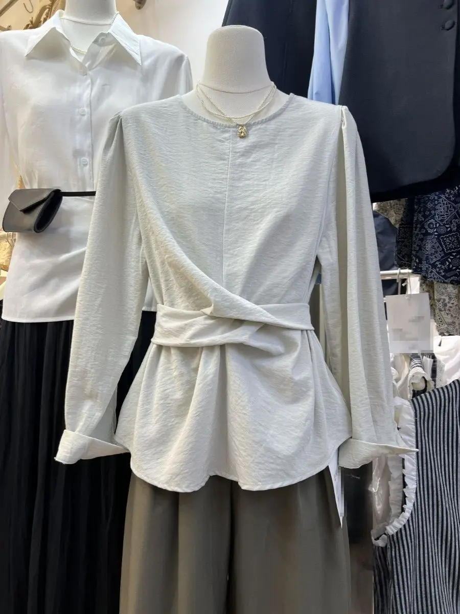 

Autumn New Niche Shirt with Round Neck Tie Up Waist Slim Fit Long Sleeved Shirts for Women