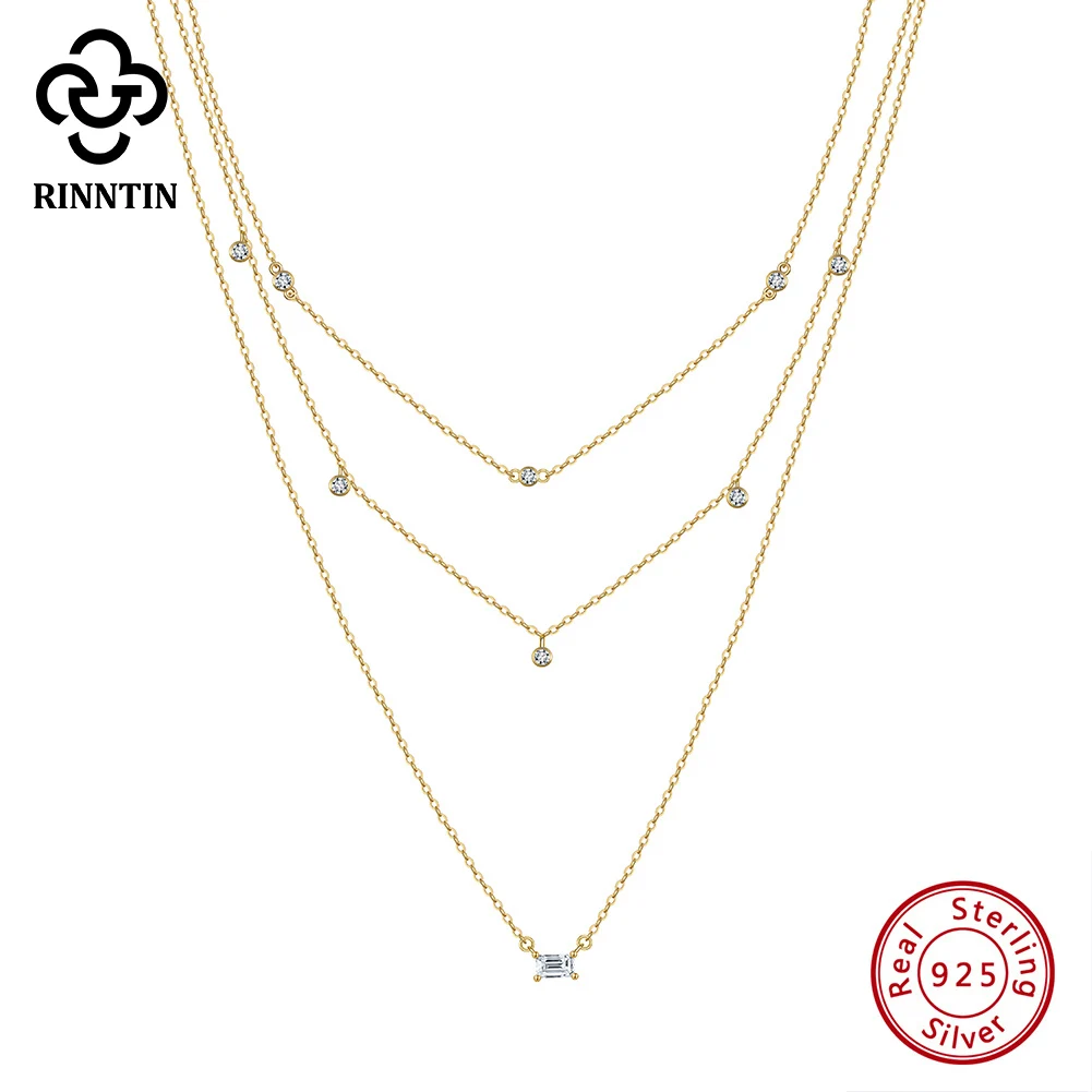 

Rinntin 925 Sterling Silver 5A Clear CZ Chain Necklace For Women Fashion Round cut Pendant Necklace Jewelry Gift BQN10