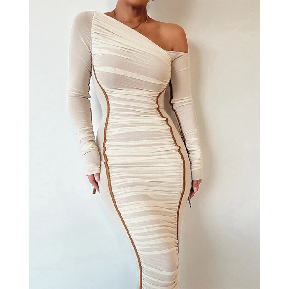 Women Colorblock Sheer Mesh Long Sleeve Bodycon Midi Dress Female Party Long Ruched Elegant Slim Fit Dresses Vestido de Festas