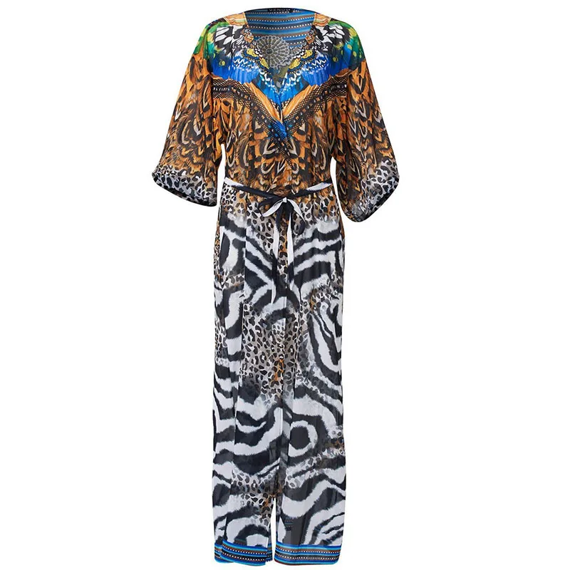 2022เซ็กซี่บิกินี่ Cover-Ups Retro เสือดาวชีฟองยาวเสื้อทรงกิโมโนเสื้อเสื้อผ้าผู้หญิงชายหาดสวมชุดว่ายน้ำ Cover Up